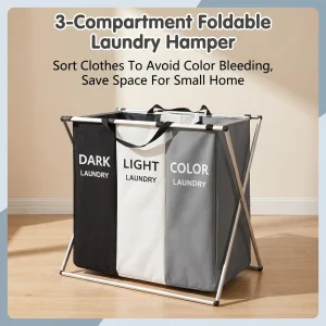3-Compartment Foldable Laundry Hamper with Dark/Light/Color Sorting Bags