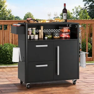 Outdoor Grill Cart With Stainless Steel Prep Table 3 Tier Mobile Kitchen Island