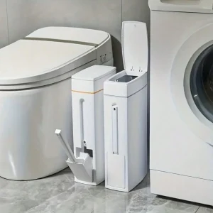 Trash Can With Toilet Brush Space Saving, Push Button Lid