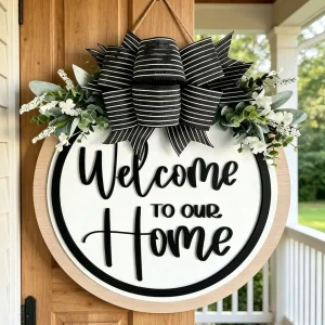 1pc Charming Front Door Decor - Round Wooden Hanging Welcome Sign