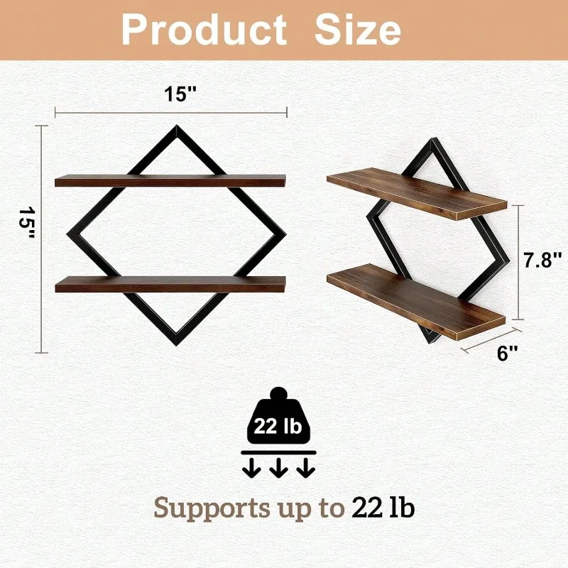 Floating Shelves, 15 Inch Wall Shelf Set Of 1,Hanging Bathroom Shelves 2-Tier, For Living Room, Kitchen, Office (Large Size, Brown) - Image 3