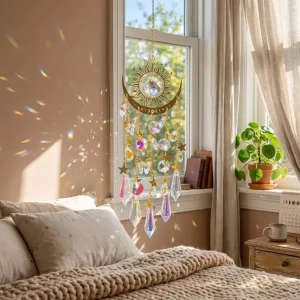 Gold Crystal Suncatcher Window Decor, Sun Moon Rainbow Maker Hanging Ornament，Boho Room Decor & Window Vibes，Unique Gift for Home Decor Lovers - Thumbnail Image 4
