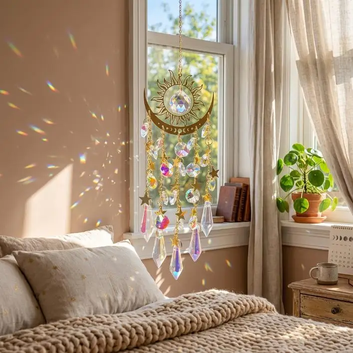 Gold Crystal Suncatcher Window Decor, Sun Moon Rainbow Maker Hanging Ornament，Boho Room Decor & Window Vibes，Unique Gift for Home Decor Lovers - Image 4