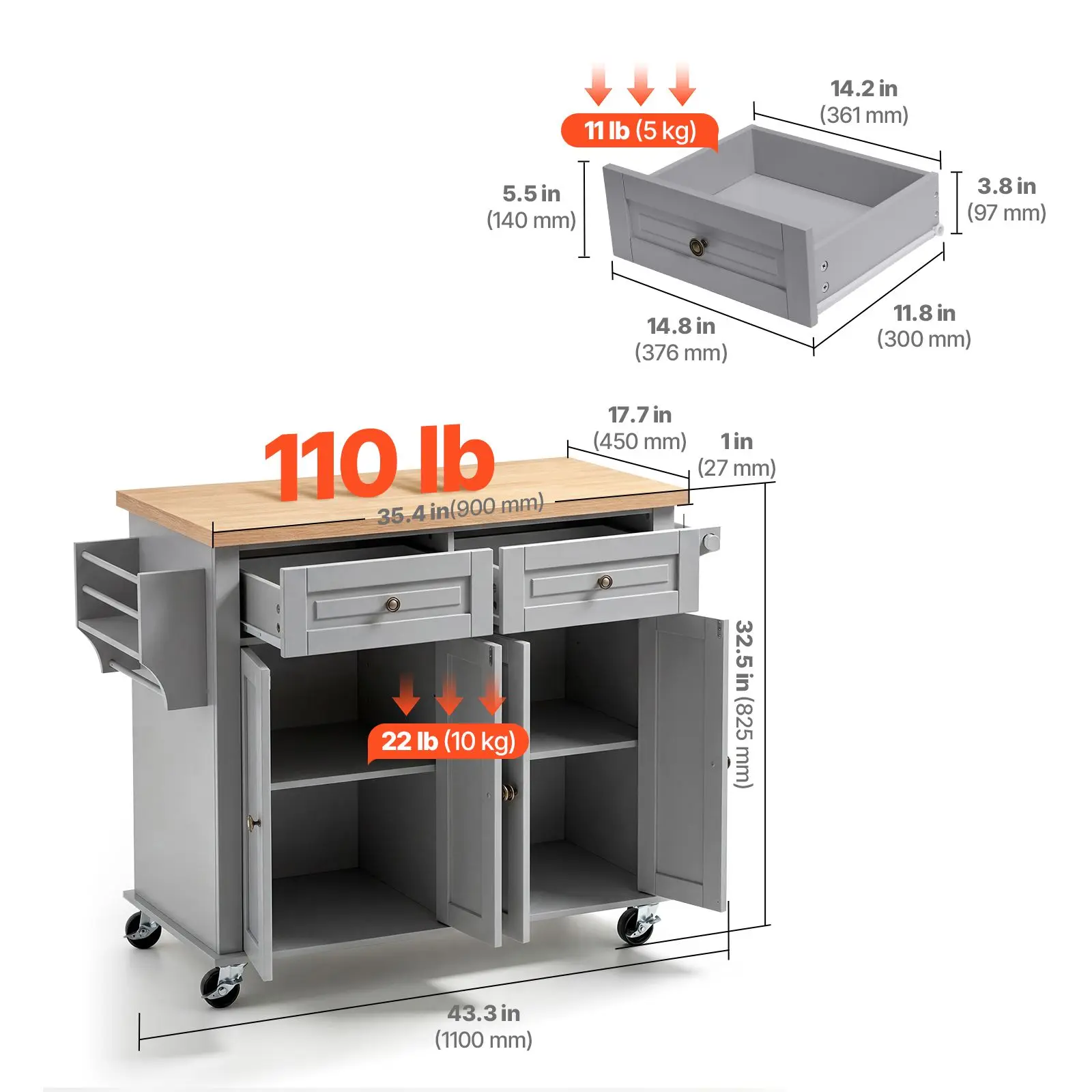 Kitchen Island Cart with Storage, 43.7 in Wide Mobile Rolling Storage Island on Swivel Wheels - Image 4