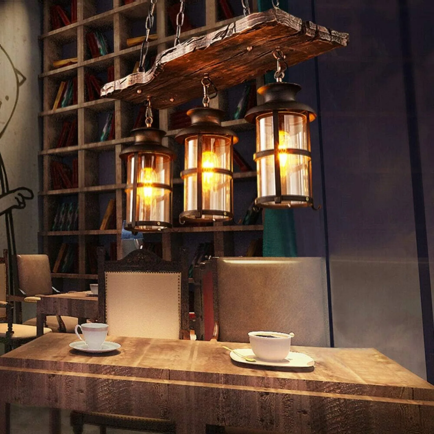 3 Light Industrial Wooden Hanging Lighting with Glass Shade - Image 1