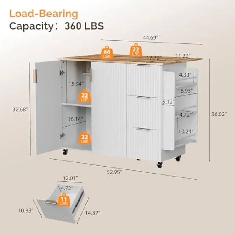 Fluted White Kitchen Cart with Foldable Countertop - Image 2