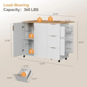Fluted White Kitchen Cart with Foldable Countertop - Thumbnail Image 2