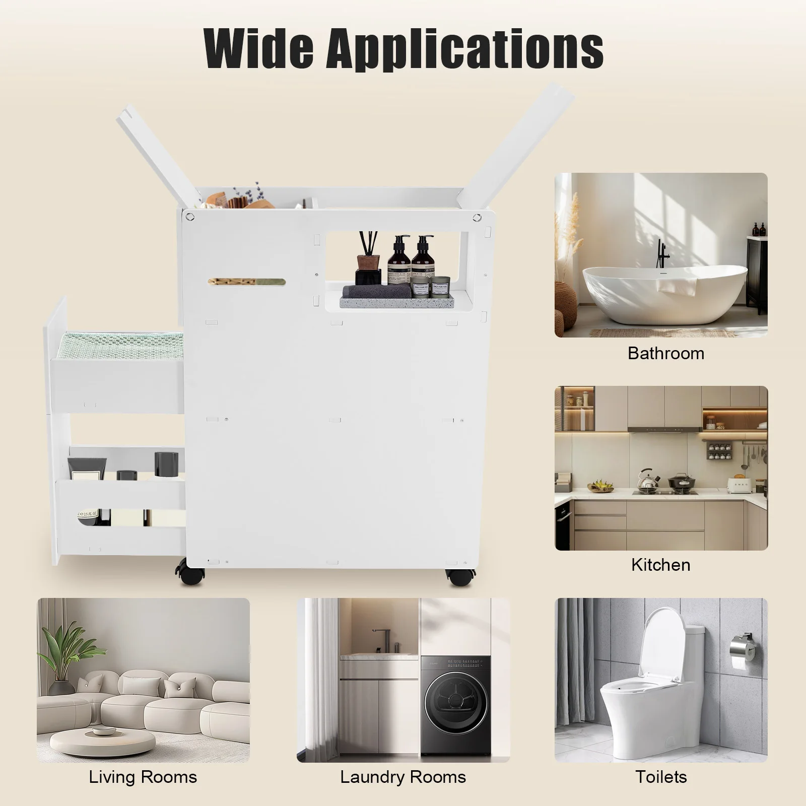 Bathroom Storage Cabinet Narrow Floor Standing, PVC Tall Slim Organizer with Drawers & Toilet Paper Holder - Image 4