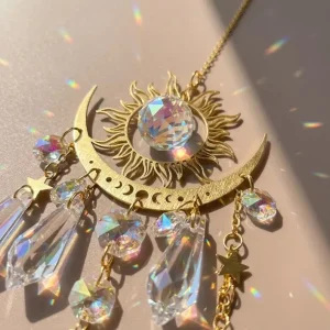 Gold Crystal Suncatcher Window Decor, Sun Moon Rainbow Maker Hanging Ornament，Boho Room Decor & Window Vibes，Unique Gift for Home Decor Lovers - Thumbnail Image 5