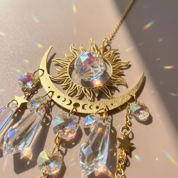Gold Crystal Suncatcher Window Decor, Sun Moon Rainbow Maker Hanging Ornament，Boho Room Decor & Window Vibes，Unique Gift for Home Decor Lovers - Image 5