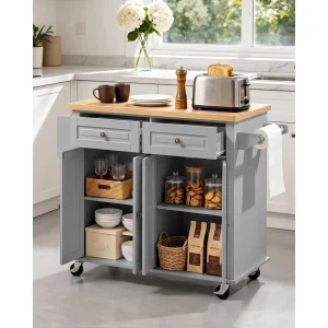Kitchen Island Cart with Storage, 43.7 in Wide Mobile Rolling Storage Island on Swivel Wheels - Thumbnail Image 2