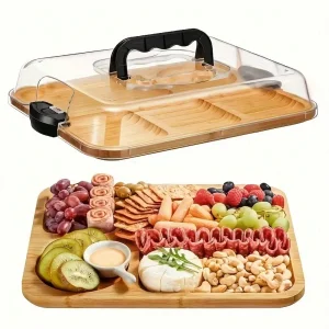 1pc Bamboo Cheese Tray With Transparent Acrylic Lid -