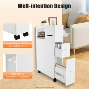 Bathroom Storage Cabinet Narrow Floor Standing, PVC Tall Slim Organizer with Drawers & Toilet Paper Holder - Thumbnail Image 5