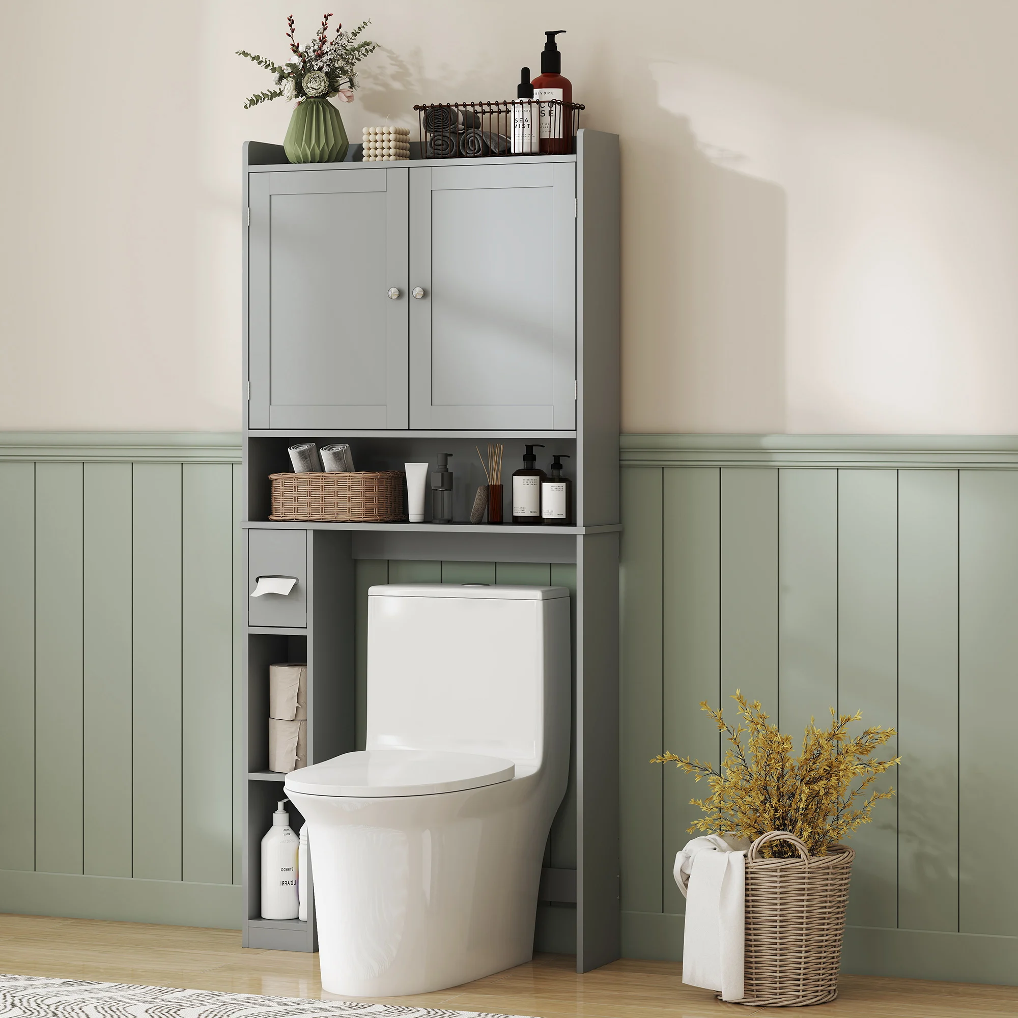 HOMCOM Over the Toilet Storage Cabinet, Modern Above Toilet Bathroom Organizer with 2 Doors, Storage Shelves, Toilet Paper Holder, Freestanding Space Saver for Bathroom, Laundry, Gray - Image 6