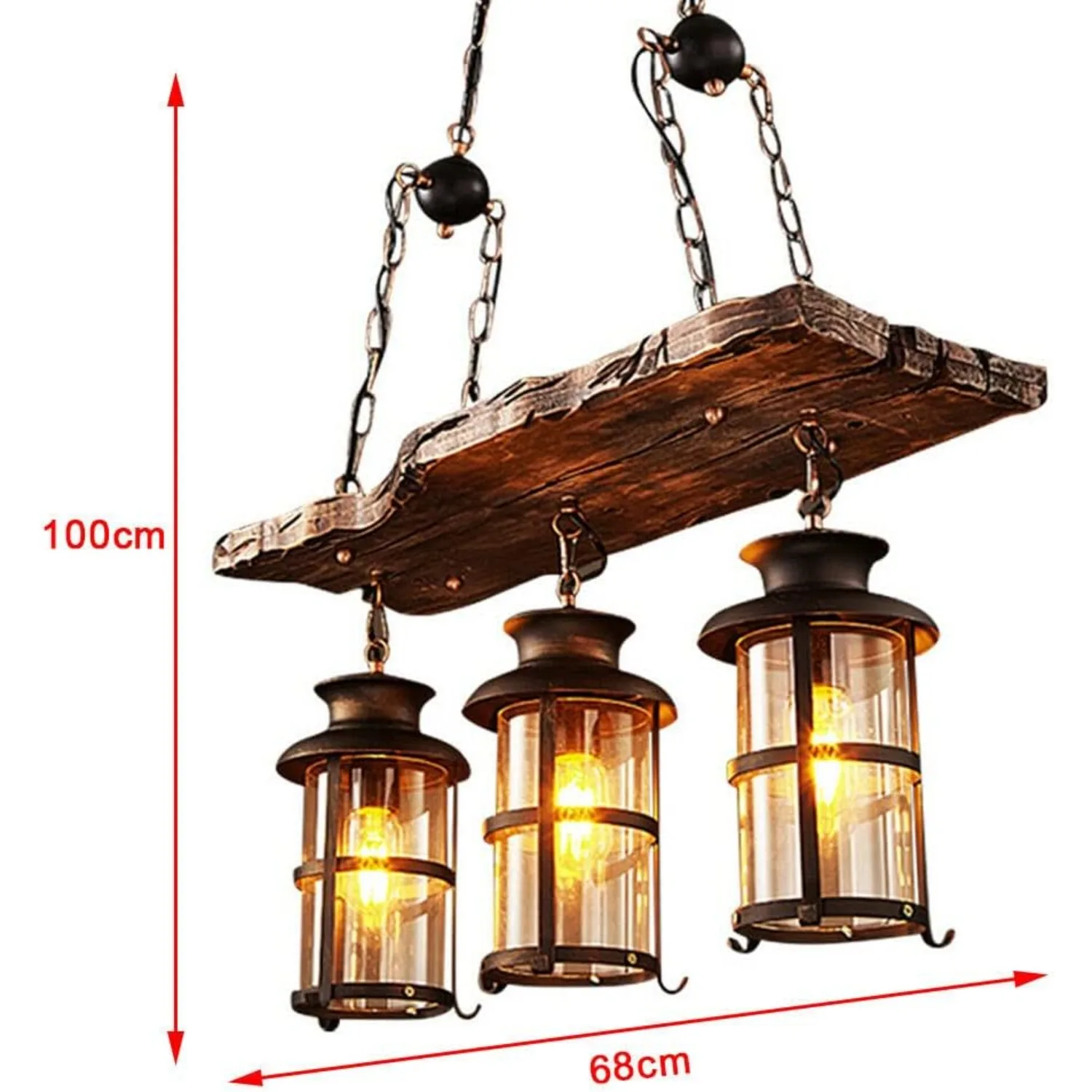 3 Light Industrial Wooden Hanging Lighting with Glass Shade - Image 3