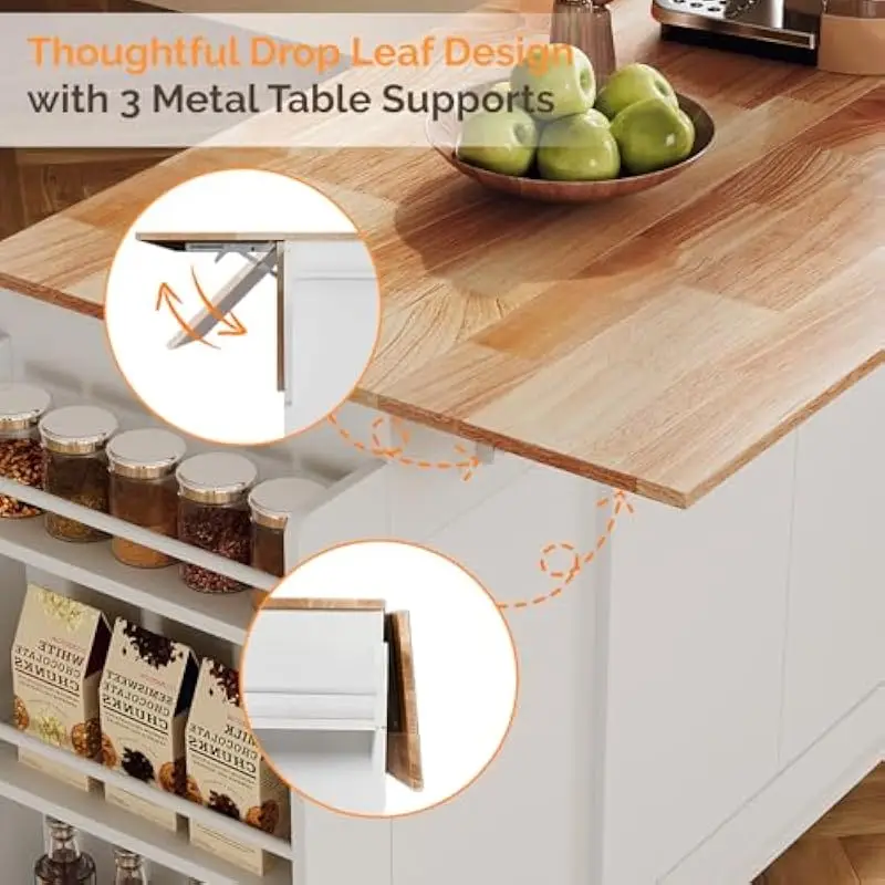 Fluted White Kitchen Cart with Foldable Countertop - Image 4