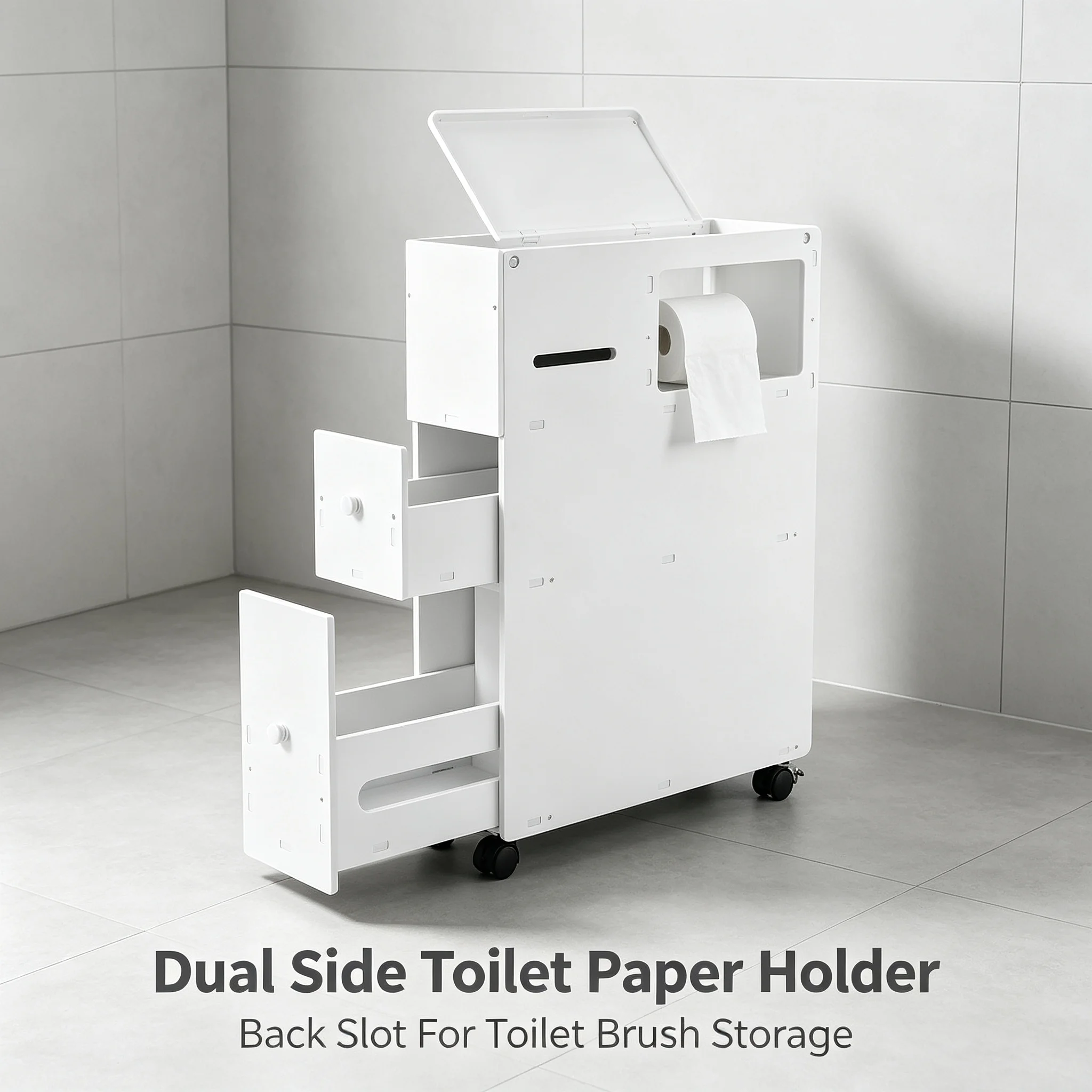 Bathroom Storage Cabinet Narrow Floor Standing, PVC Tall Slim Organizer with Drawers & Toilet Paper Holder - Image 1