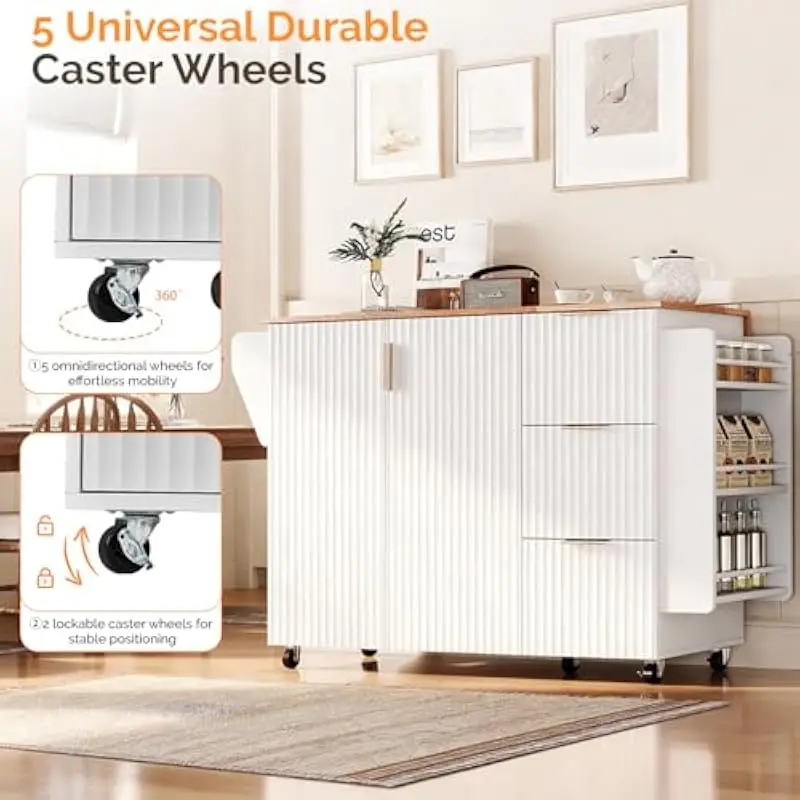 Fluted White Kitchen Cart with Foldable Countertop - Image 3