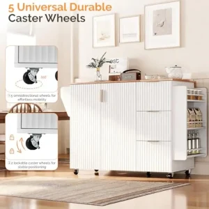 Fluted White Kitchen Cart with Foldable Countertop - Thumbnail Image 3