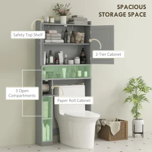 HOMCOM Over the Toilet Storage Cabinet, Modern Above Toilet Bathroom Organizer with 2 Doors, Storage Shelves, Toilet Paper Holder, Freestanding Space Saver for Bathroom, Laundry, Gray - Thumbnail Image 4
