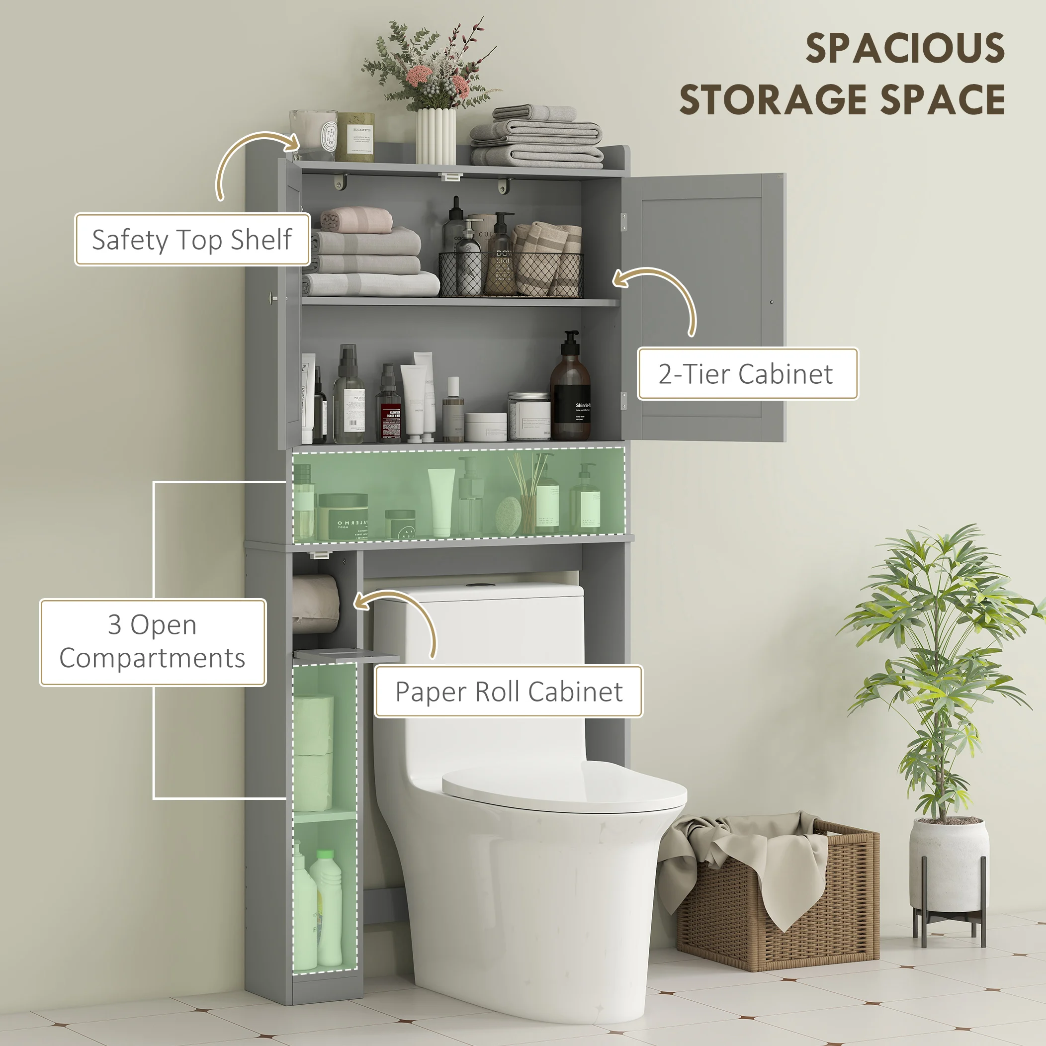 HOMCOM Over the Toilet Storage Cabinet, Modern Above Toilet Bathroom Organizer with 2 Doors, Storage Shelves, Toilet Paper Holder, Freestanding Space Saver for Bathroom, Laundry, Gray - Image 4
