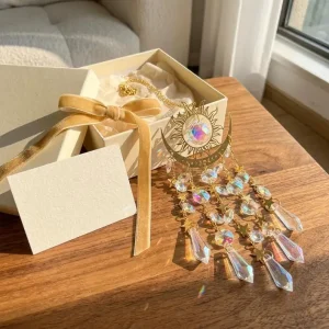 Gold Crystal Suncatcher Window Decor, Sun Moon Rainbow Maker Hanging Ornament，Boho Room Decor & Window Vibes，Unique Gift for Home Decor Lovers