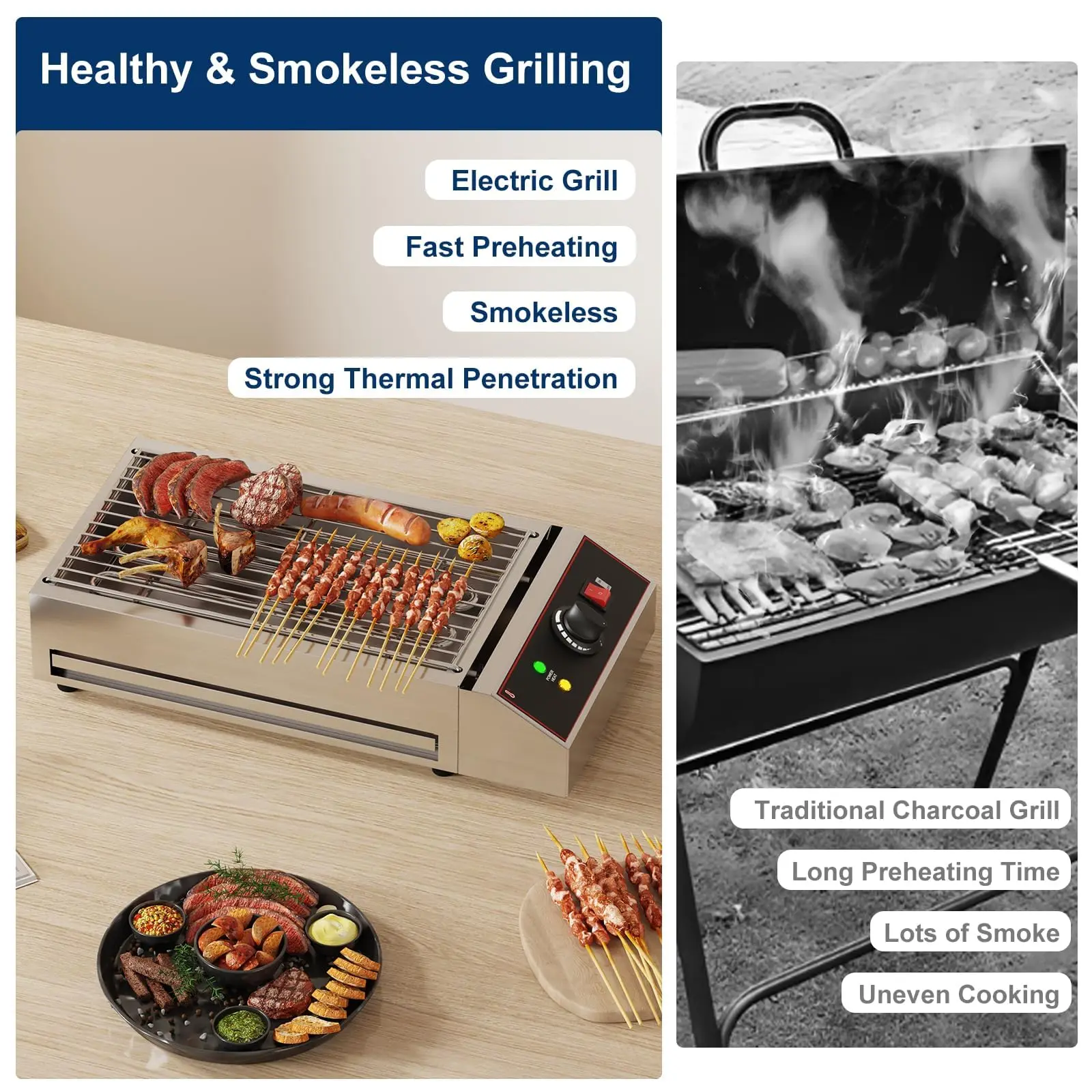 Smokeless 1800W Electric Grill for Indoor & Outdoor, Commercial Stainless Steel Countertop BBQ Grill - Image 3