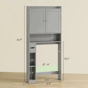 HOMCOM Over the Toilet Storage Cabinet, Modern Above Toilet Bathroom Organizer with 2 Doors, Storage Shelves, Toilet Paper Holder, Freestanding Space Saver for Bathroom, Laundry, Gray - Thumbnail Image 3