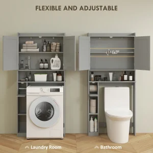 HOMCOM Over the Toilet Storage Cabinet, Modern Above Toilet Bathroom Organizer with 2 Doors, Storage Shelves, Toilet Paper Holder, Freestanding Space Saver for Bathroom, Laundry, Gray - Thumbnail Image 5