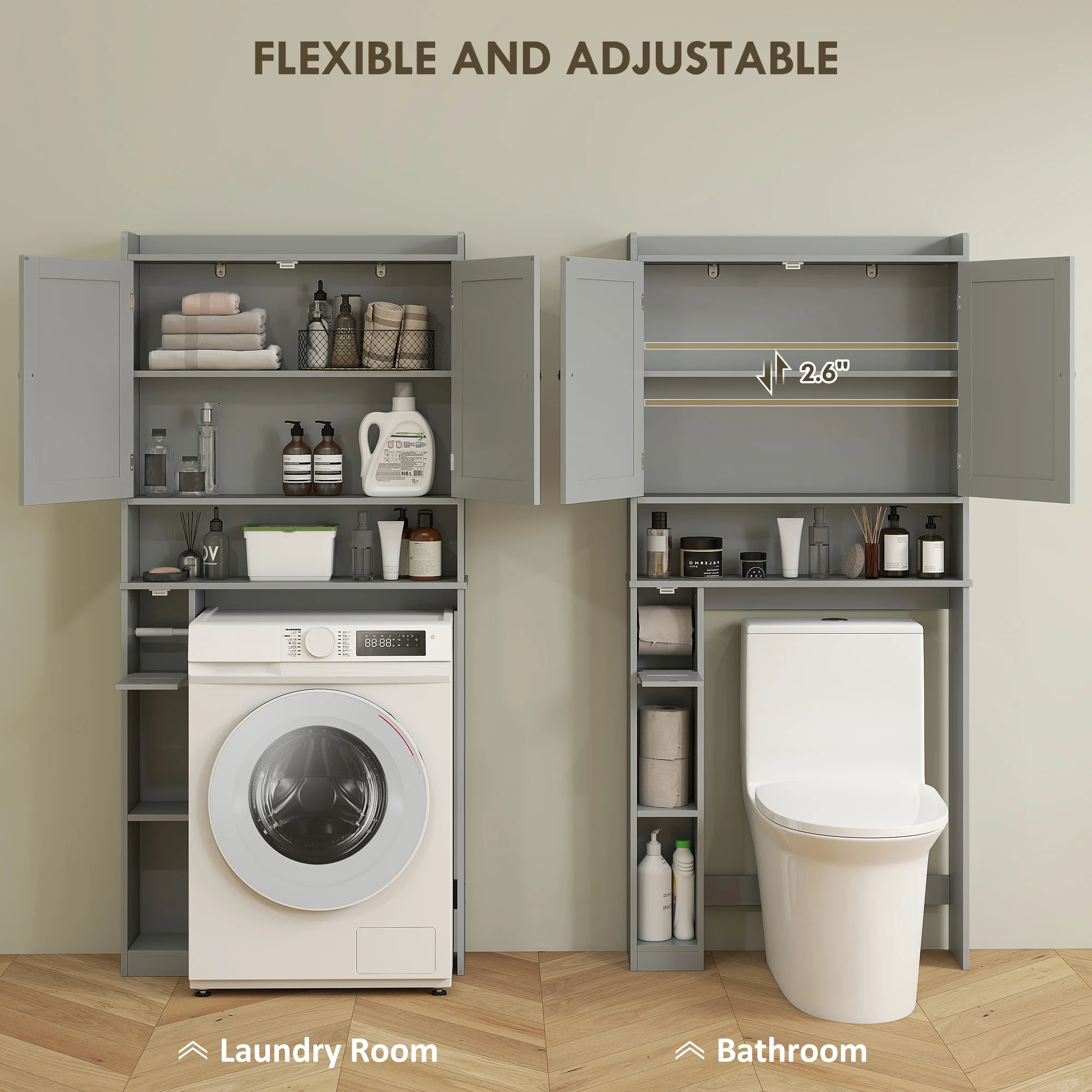 HOMCOM Over the Toilet Storage Cabinet, Modern Above Toilet Bathroom Organizer with 2 Doors, Storage Shelves, Toilet Paper Holder, Freestanding Space Saver for Bathroom, Laundry, Gray - Image 5