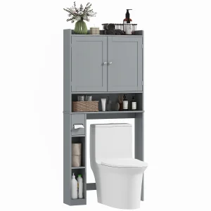 HOMCOM Over the Toilet Storage Cabinet, Modern Above Toilet Bathroom Organizer with 2 Doors, Storage Shelves, Toilet Paper Holder, Freestanding Space Saver for Bathroom, Laundry, Gray