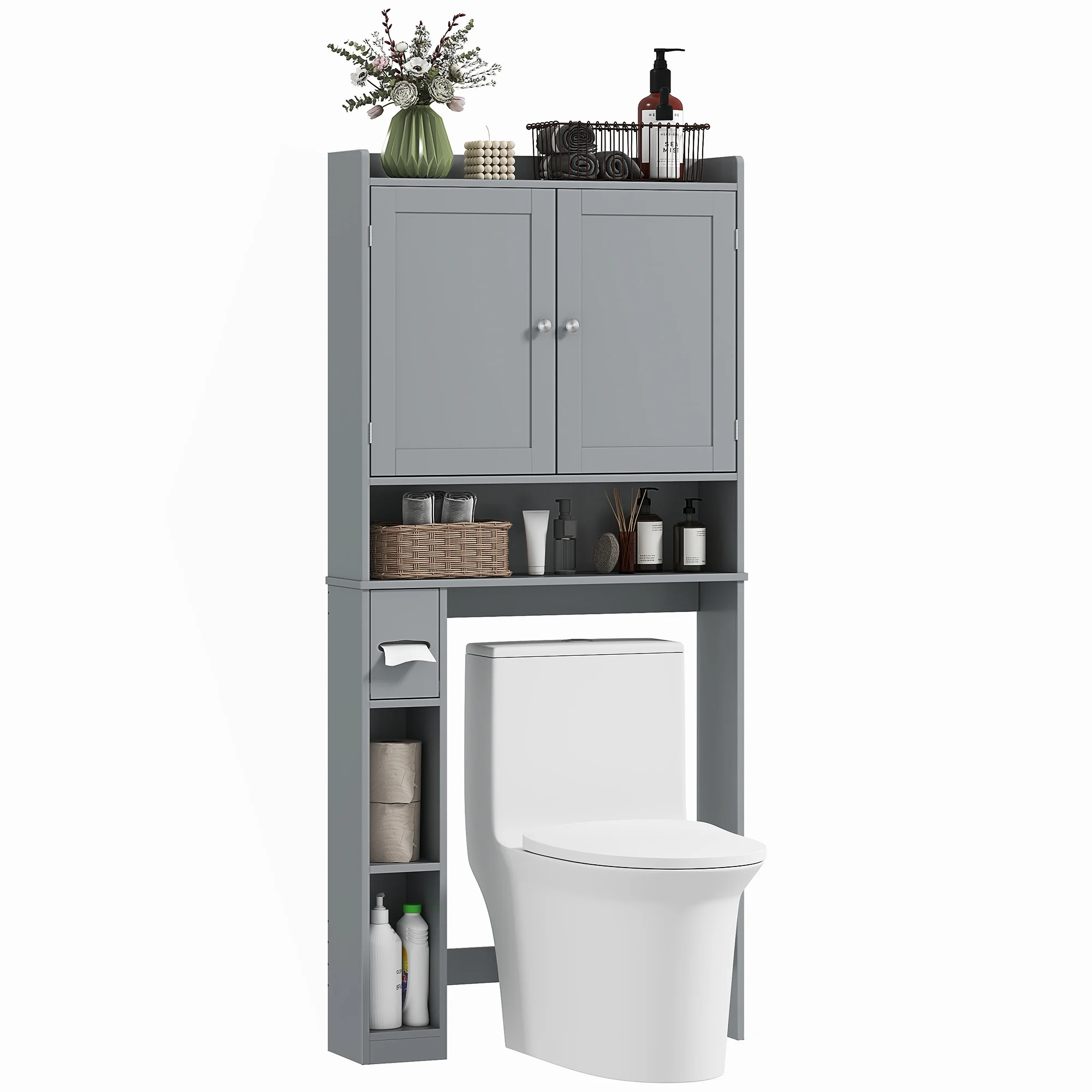 HOMCOM Over the Toilet Storage Cabinet, Modern Above Toilet Bathroom Organizer with 2 Doors, Storage Shelves, Toilet Paper Holder, Freestanding Space Saver for Bathroom, Laundry, Gray - Image 1