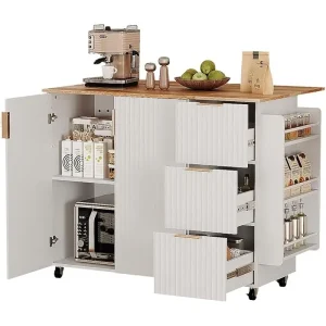 Fluted White Kitchen Cart with Foldable Countertop