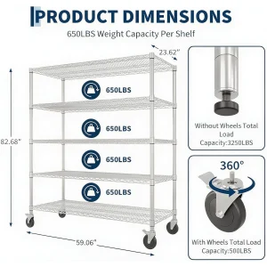 5-Tier Heavy Duty Wire Shelving Rack, 3250 LBS, 59x23x82 in - Thumbnail Image 3