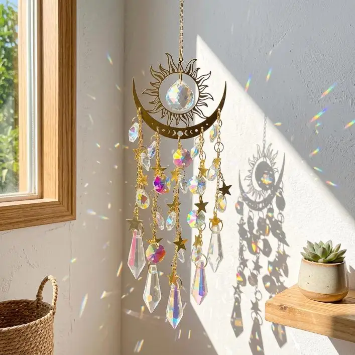Gold Crystal Suncatcher Window Decor, Sun Moon Rainbow Maker Hanging Ornament，Boho Room Decor & Window Vibes，Unique Gift for Home Decor Lovers - Image 3