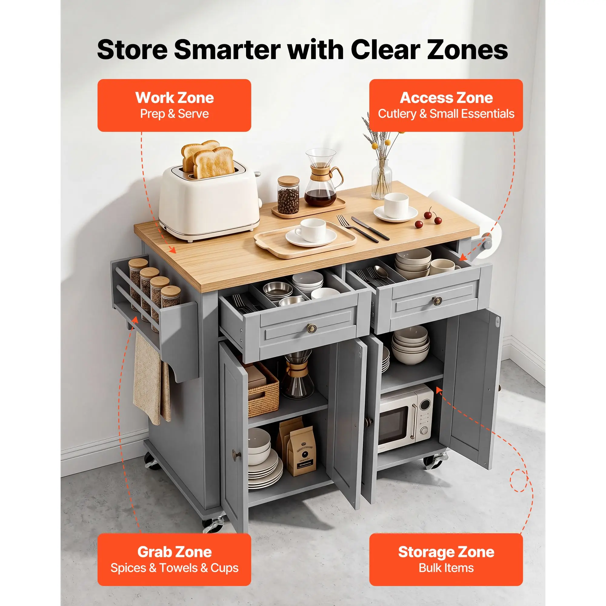 Kitchen Island Cart with Storage, 43.7 in Wide Mobile Rolling Storage Island on Swivel Wheels - Image 3