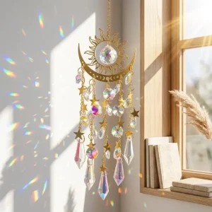 Gold Crystal Suncatcher Window Decor, Sun Moon Rainbow Maker Hanging Ornament，Boho Room Decor & Window Vibes，Unique Gift for Home Decor Lovers - Thumbnail Image 6