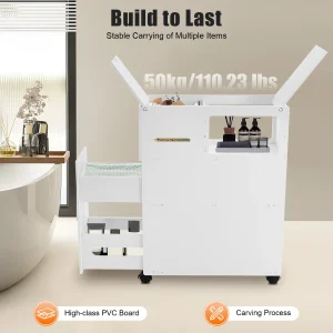 Bathroom Storage Cabinet Narrow Floor Standing, PVC Tall Slim Organizer with Drawers & Toilet Paper Holder - Thumbnail Image 3