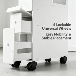 Bathroom Storage Cabinet Narrow Floor Standing, PVC Tall Slim Organizer with Drawers & Toilet Paper Holder - Thumbnail Image 2