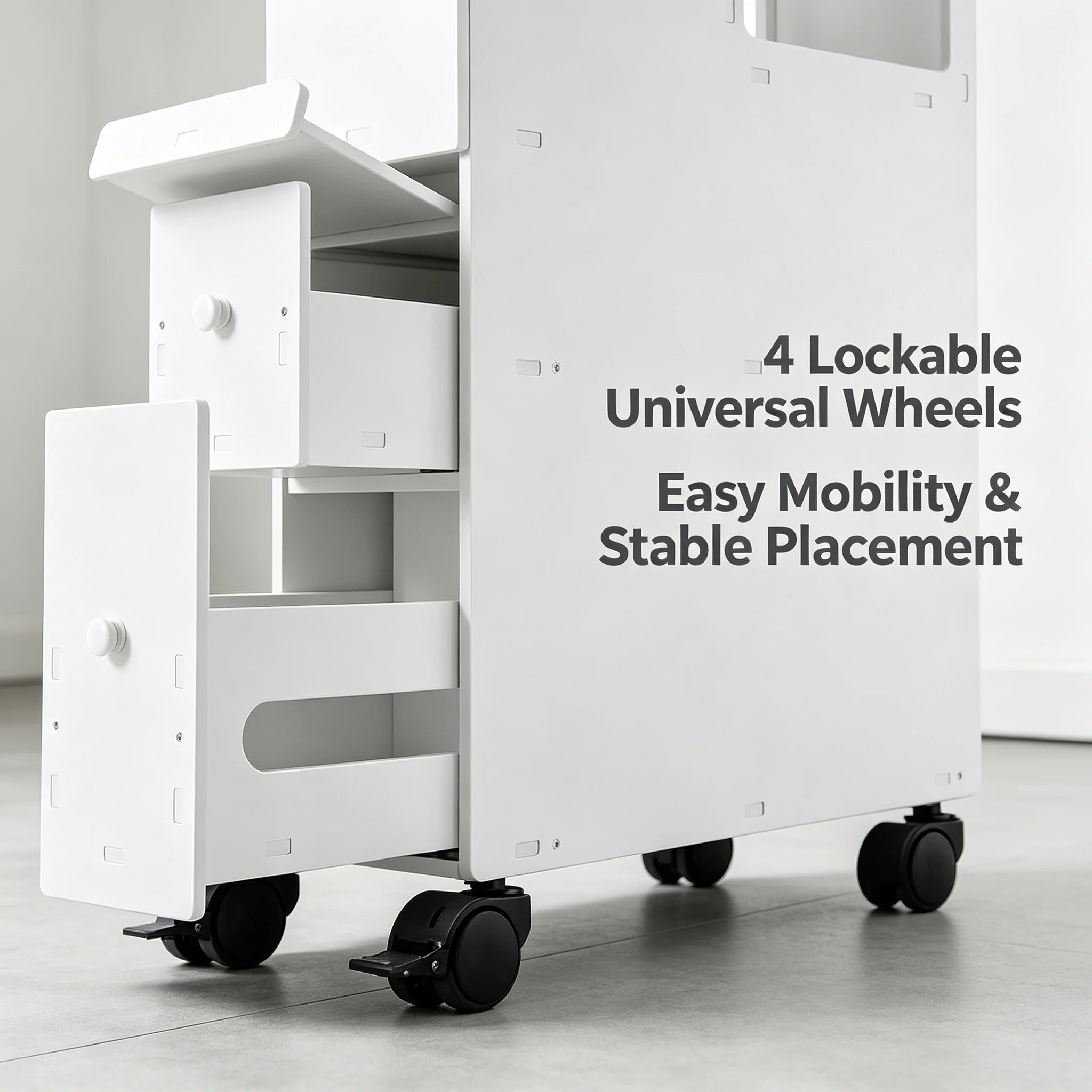 Bathroom Storage Cabinet Narrow Floor Standing, PVC Tall Slim Organizer with Drawers & Toilet Paper Holder - Image 2