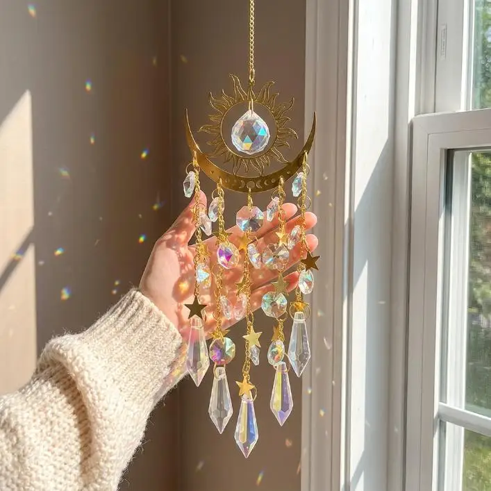 Gold Crystal Suncatcher Window Decor, Sun Moon Rainbow Maker Hanging Ornament，Boho Room Decor & Window Vibes，Unique Gift for Home Decor Lovers - Image 2
